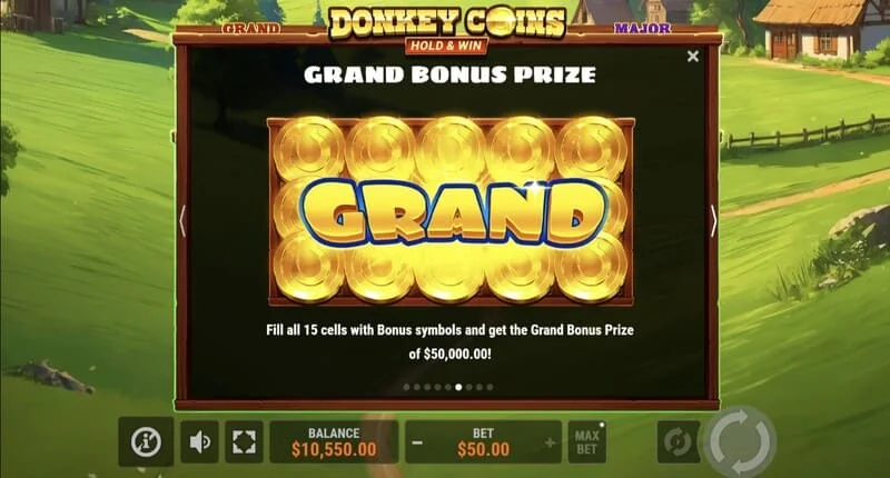 Donkey Coins Hold & Win - zaslon s Mini, Minor, Major, Grand Jackpotovima