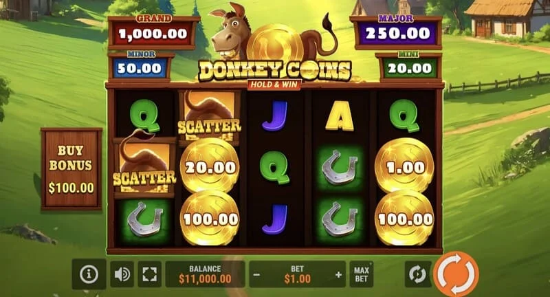 Donkey Coins Hold & Win - glavni zaslon s valjcima